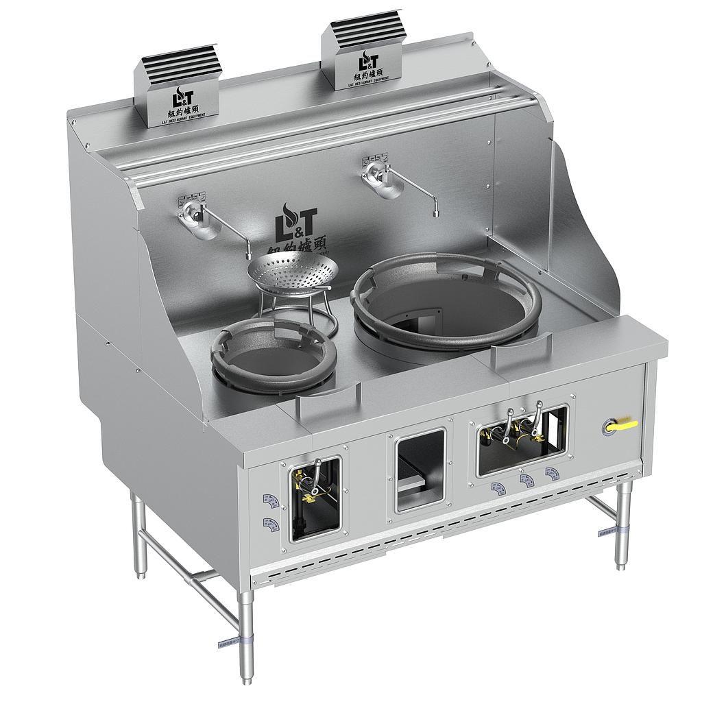 12"-22" Standard Panda Steel Chamber Wok Range with Flue, 2 Burners