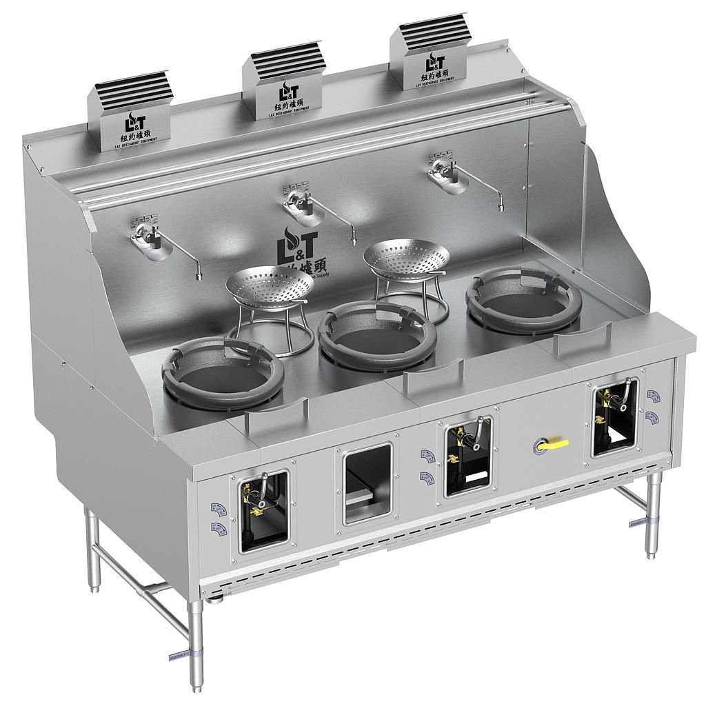 12"-12"-12" Standard Panda Steel Chamber Wok Range with Flue, 3 Burners