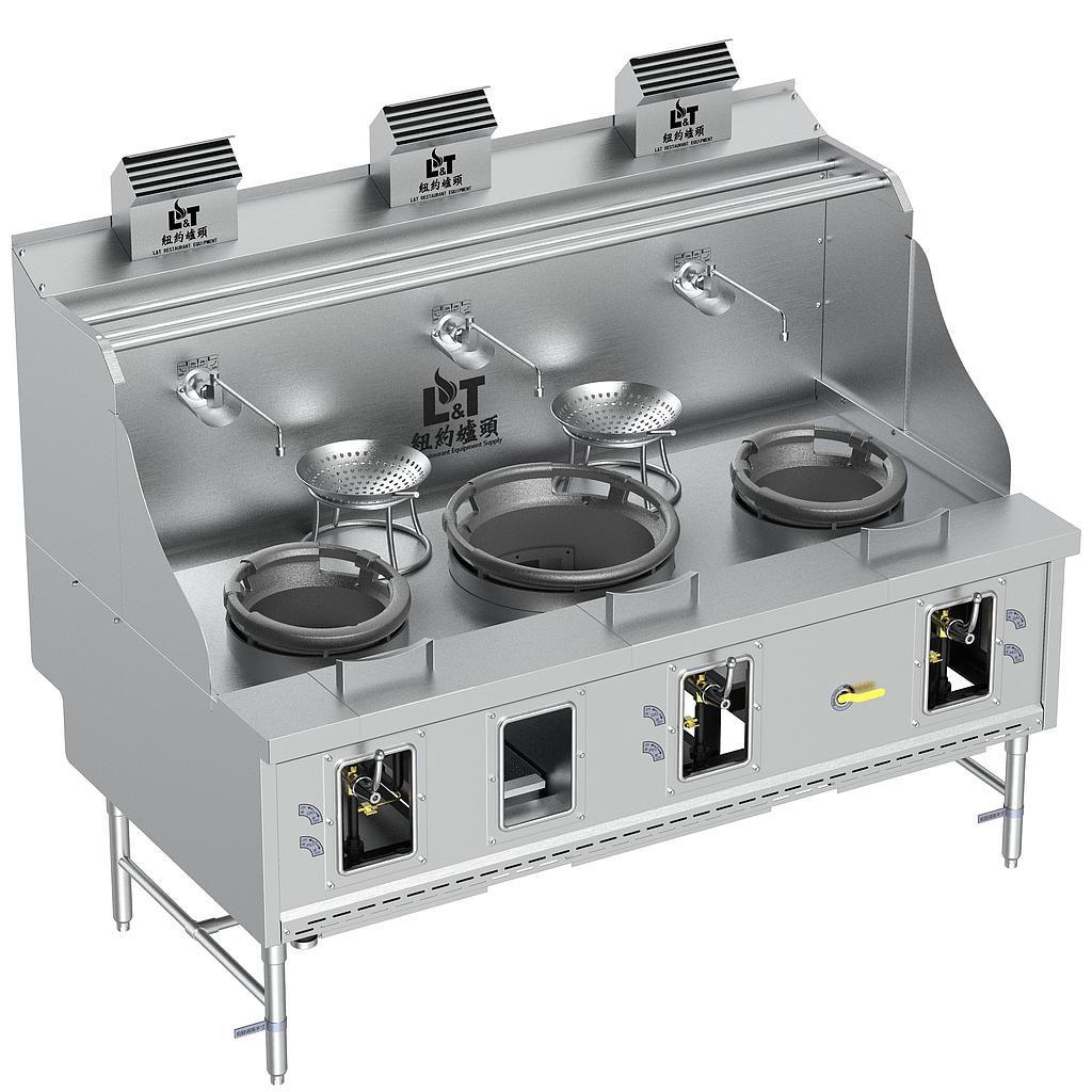 12"-17"-12" Standard Panda Steel Chamber Wok Range with Flue, 3 Burners