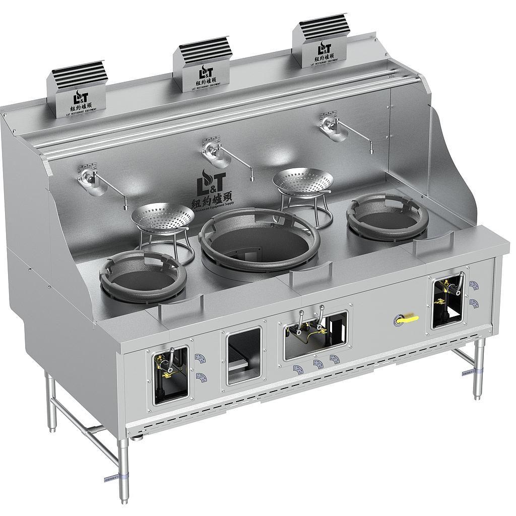12"-20"-12" Standard Panda Steel Chamber Wok Range with Flue, 3 Burners
