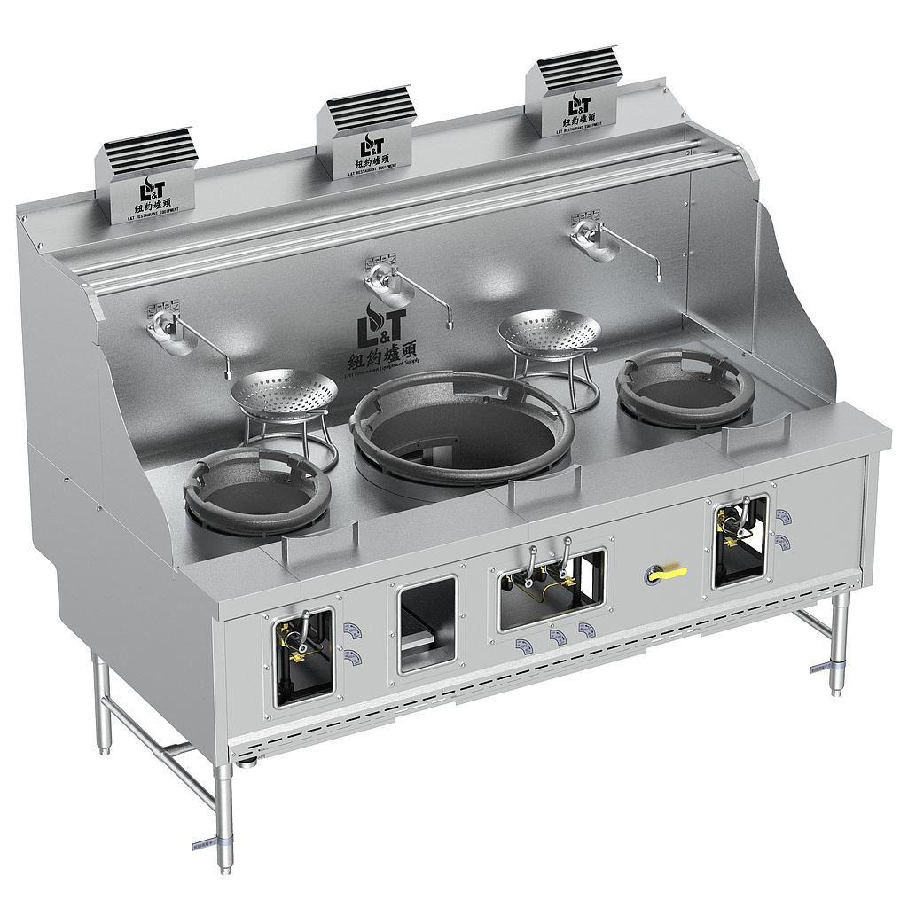 12"-22"-12" Standard Panda Steel Chamber Wok Range with Flue, 3 Burners