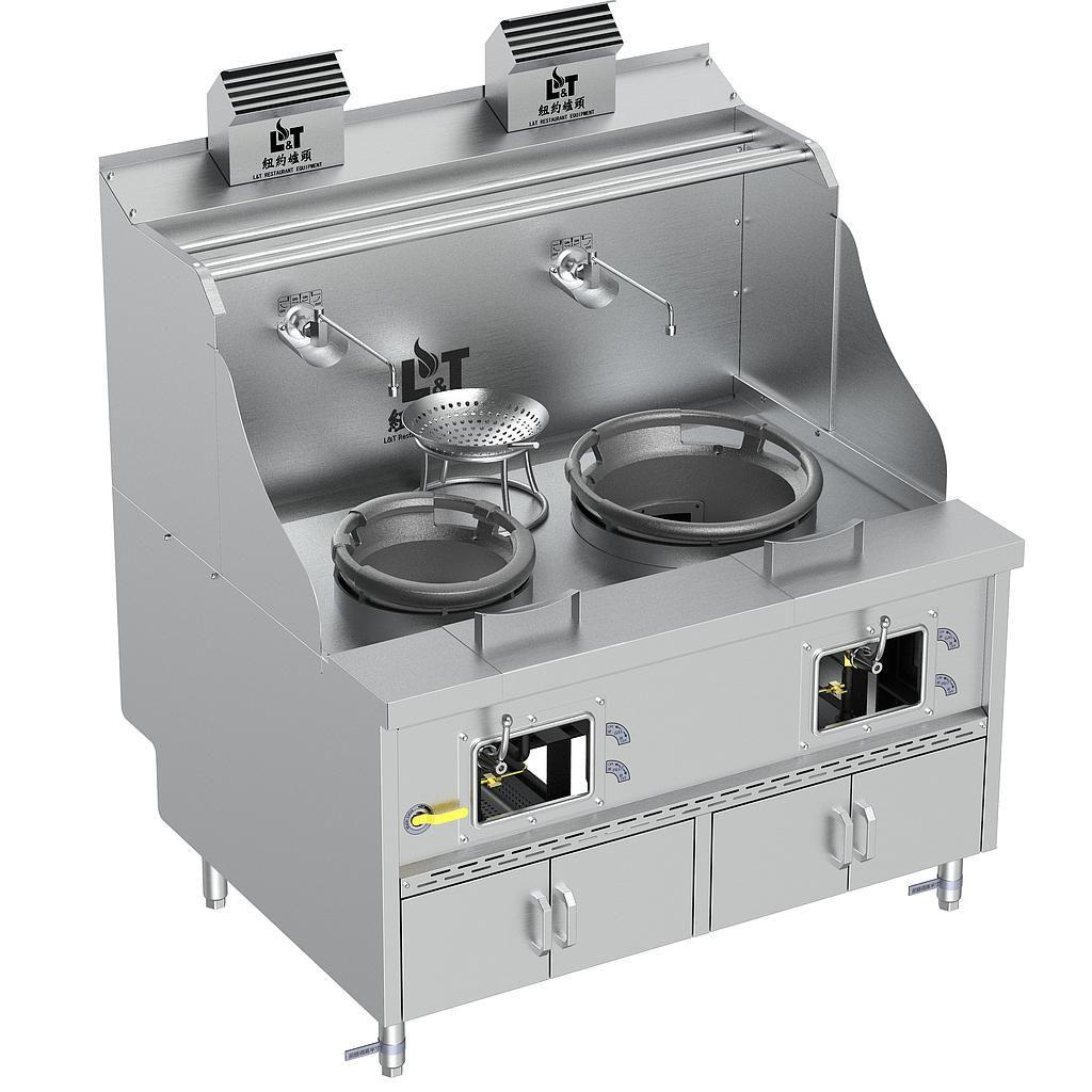 12"-17" Standard Panda Steel Chamber Cabinet-Base Wok Range with Flue, 2 Burners