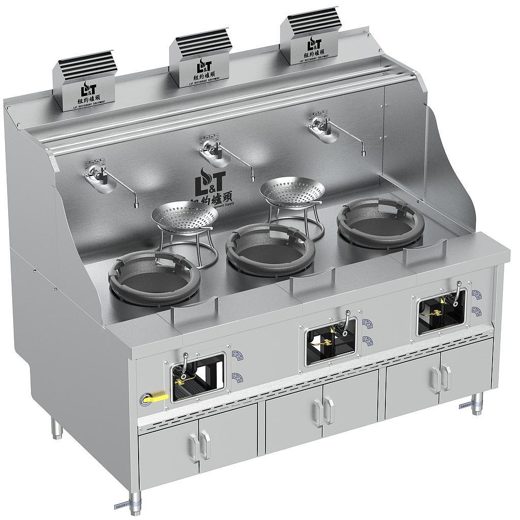 12"-12"-12" Standard Panda Steel Chamber Cabinet-Base Wok Range with Flue, 3 Burners