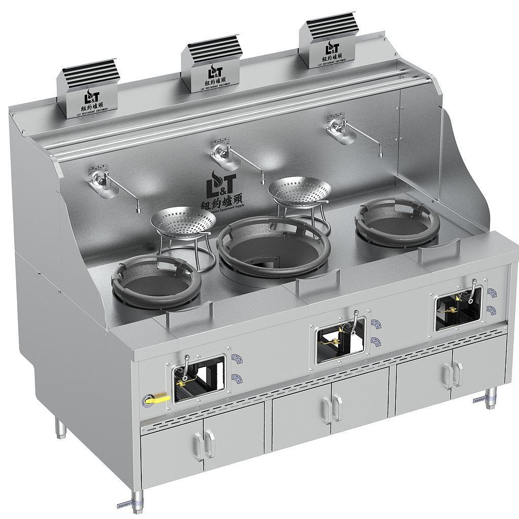 12"-17"-12" Standard Panda Steel Chamber Cabinet-Base Wok Range with Flue, 3 Burners