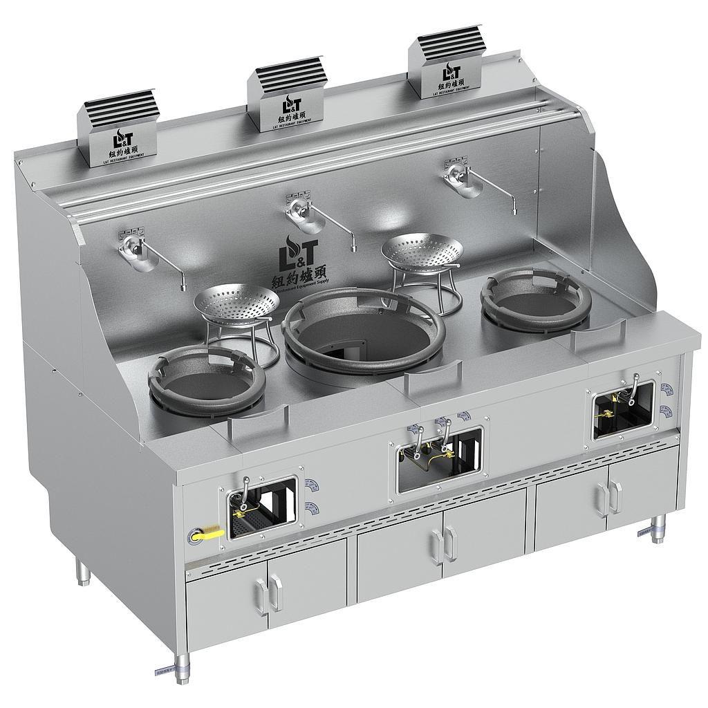12"-20"-12" Standard Panda Steel Chamber Cabinet-Base Wok Range with Flue, 3 Burners