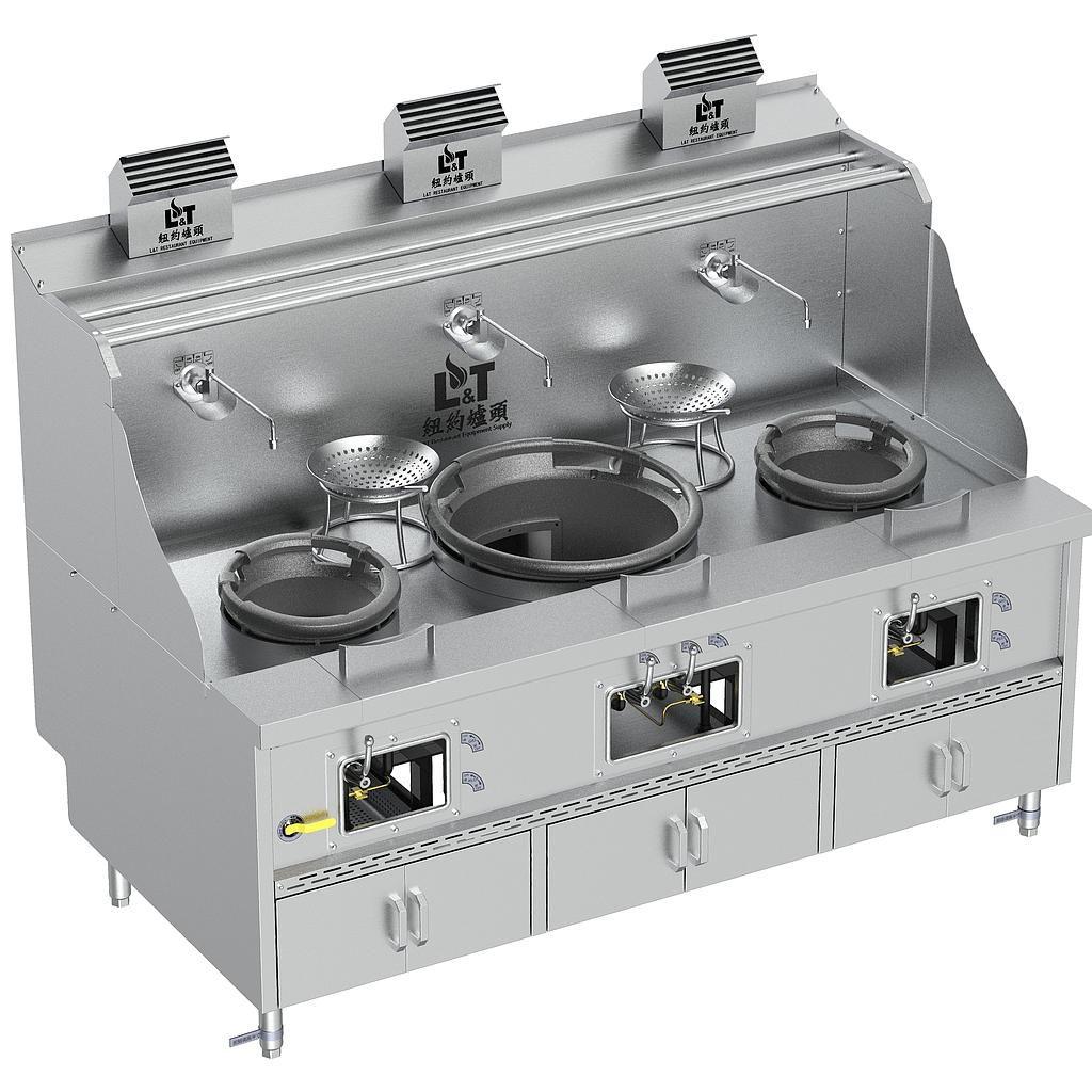 12"-22"-12" Standard Panda Steel Chamber Cabinet-Base Wok Range with Flue, 3 Burners