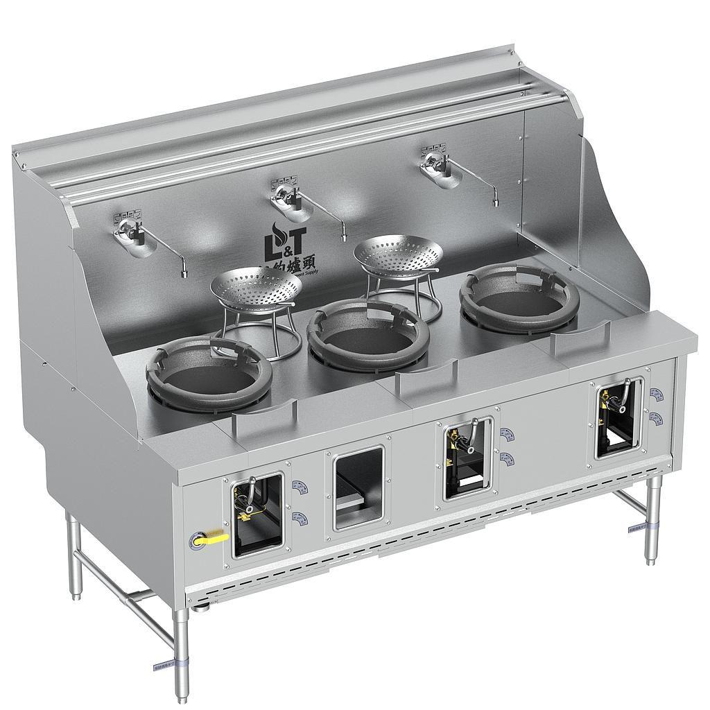 12"-12"-12" Standard Panda Steel Chamber Wok Range without Flue, 3 Burners