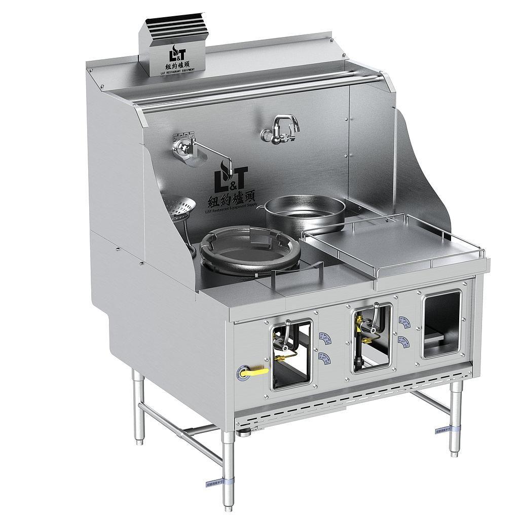 12"-1 Standard Stainless Steel Panda Steel Chamber Wok Range with Flue, 1 Wok Burner + 1 Warming Pot