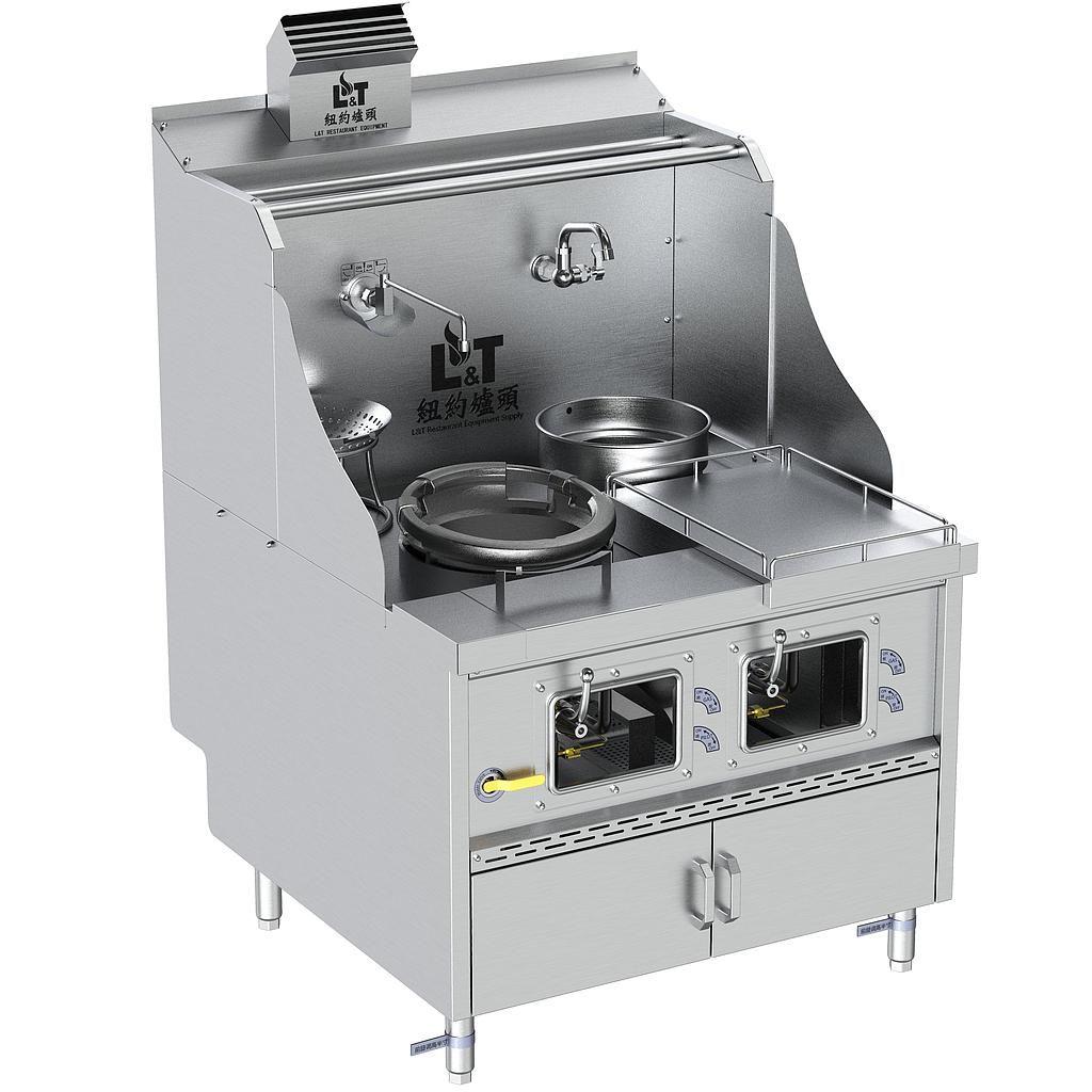 12"-1 Standard Stainless Steel Panda Steel Chamber Cabinet-Base Wok Range with Flue, 1 Wok Burner + 1 Warming Pot