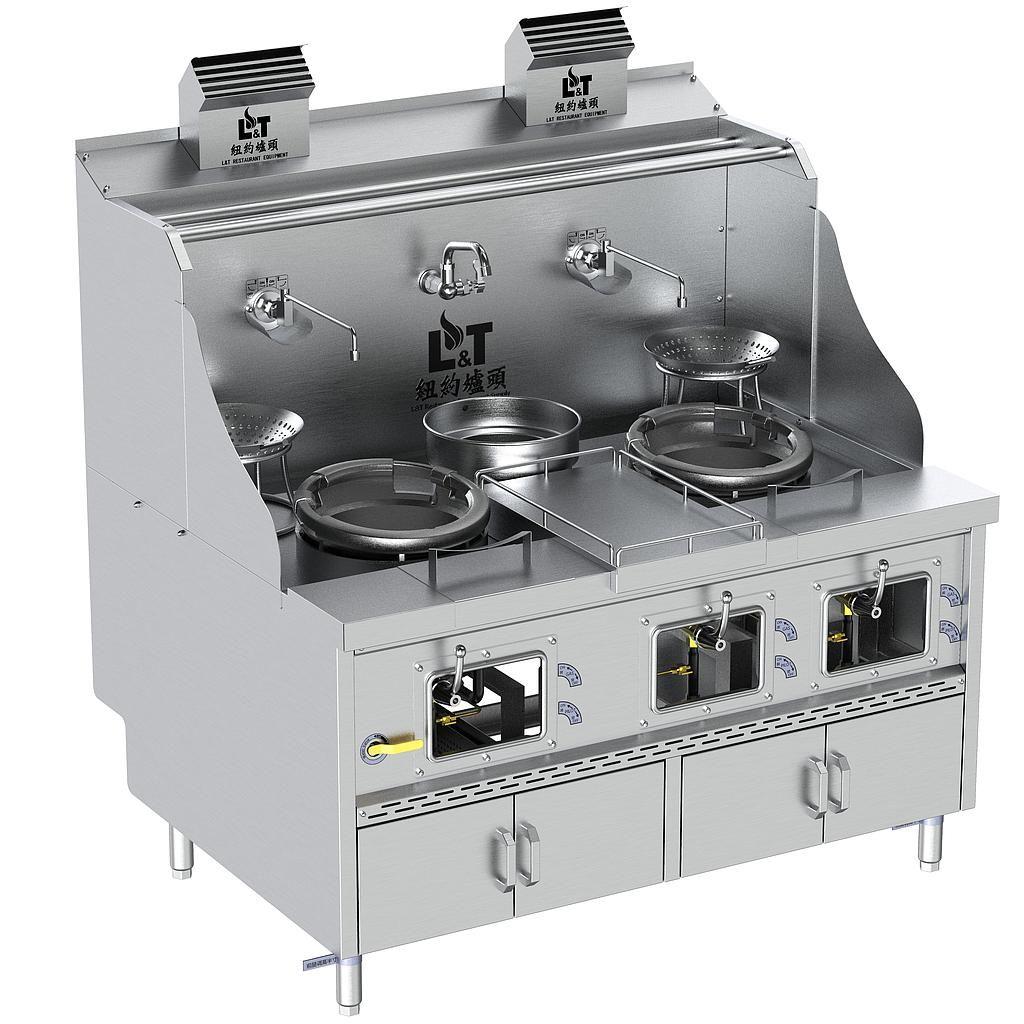 12"-12"-1 Standard Stainless Steel Panda Steel Chamber Cabinet-Base Wok Range with Flue, 2 Wok Burners + 1 Warming Pot