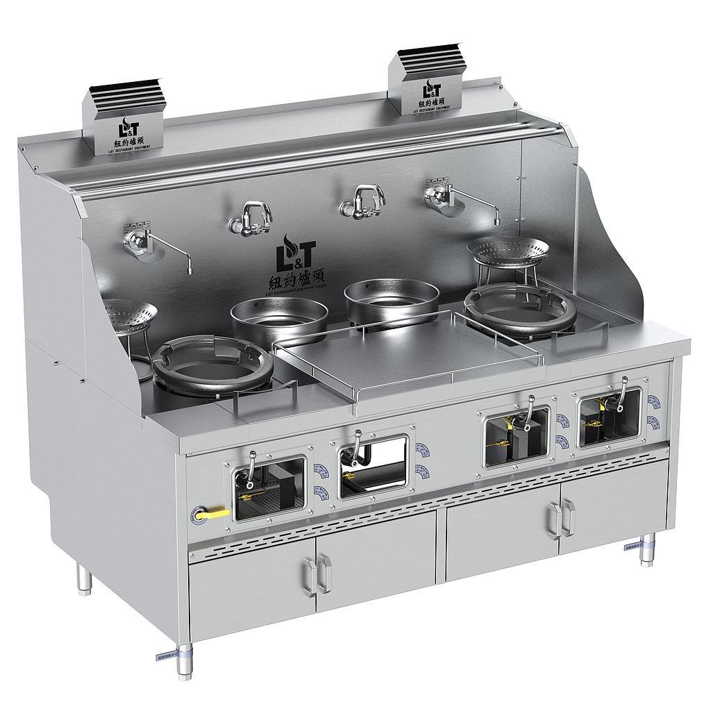 12"-12"-2 Standard Stainless Steel Panda Steel Chamber Cabinet-Base Wok Range with Flue, 2 Wok Burners + 2 Warming Pots