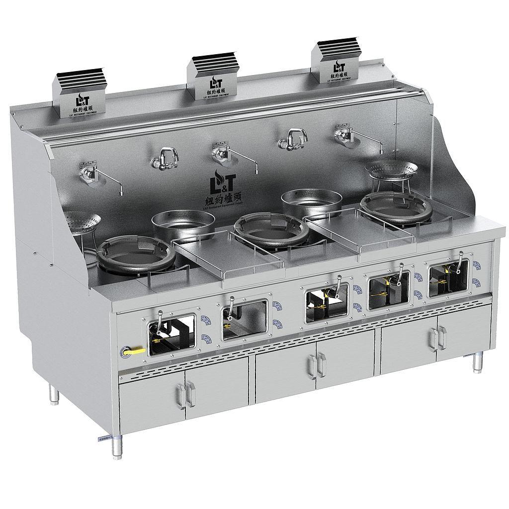 12"-12"-12"-2 Standard Stainless Steel Panda Steel Chamber Cabinet-Base Wok Range with Flue, 3 Wok Burners + 2 Warming Pots