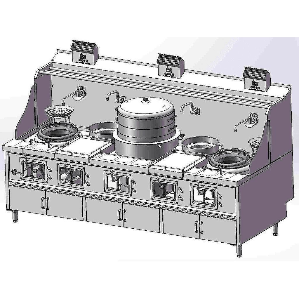 13"-13"-2 Panda curved steel bladder (with smoke vent) double frying and double tail, steaming pot, standard cabinet type stainless steel frying stove