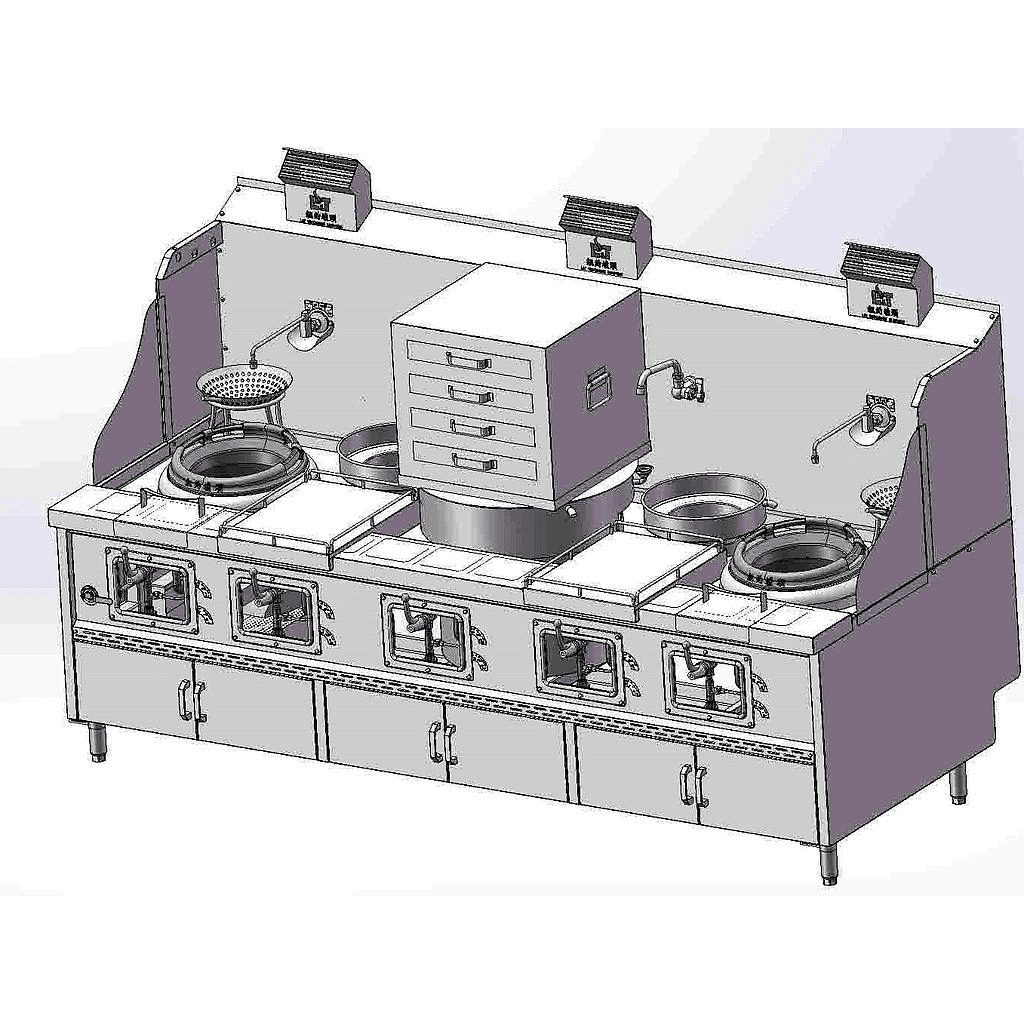 13"-13"-2 Panda curved steel bladder (with smoke vent) double fried double tail, four-layer rice roll pot, standard cabinet type stainless steel wok