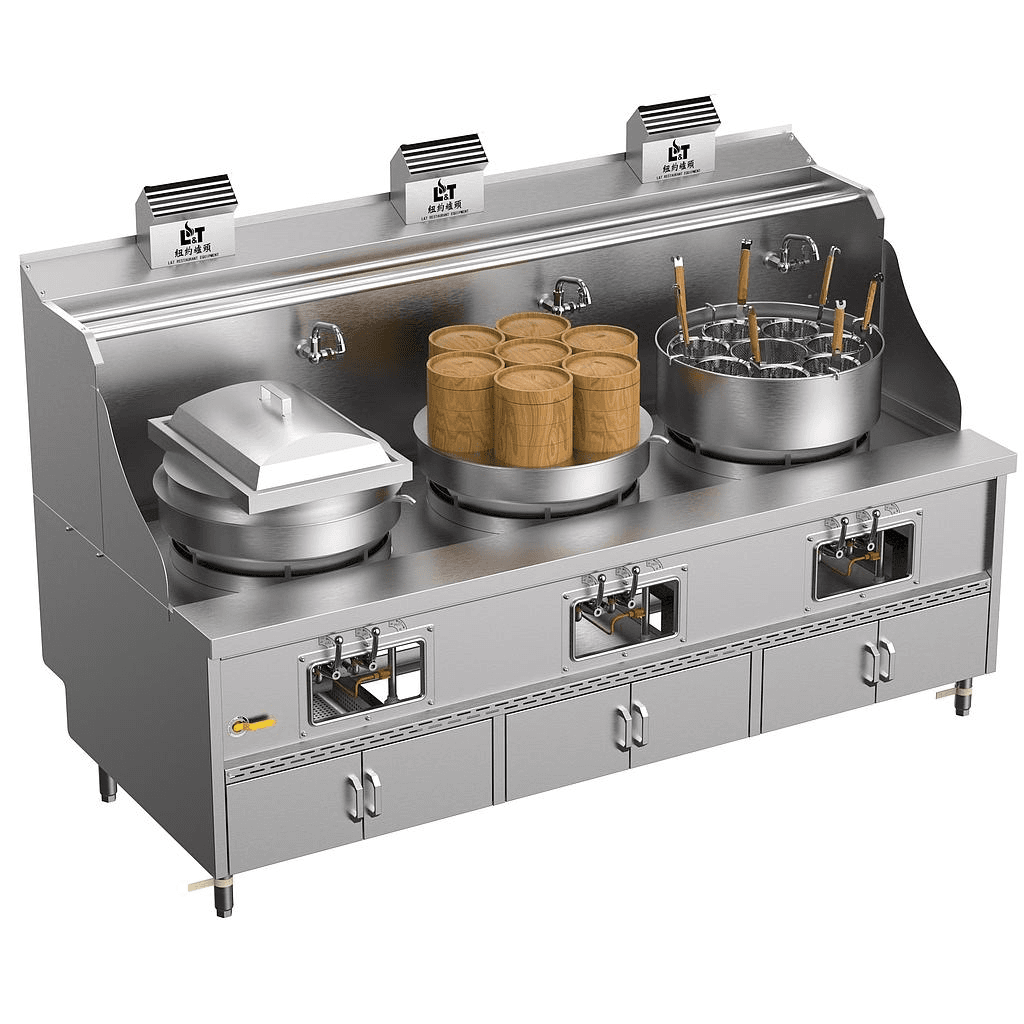 22"-22"-22" Panda steel bladder (with smoke vent) multi-functional standard cabinet-type stainless steel three-burner stove for steaming, rice rolls, noodles, soup and porridge