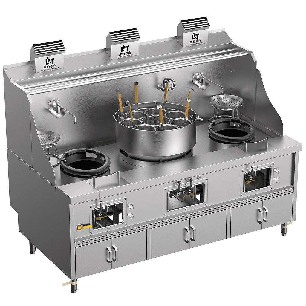 12"-22"-12" Panda steel bladder (with smoke vent) multi-functional standard cabinet-type stainless steel three-burner stove for cooking noodles, double stir-frying, soup and porridge