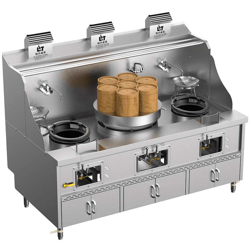 12"-22"-12" Panda steel bladder (with smoke vent) steamer buns, double stir-fry, soup, porridge multi-functional standard cabinet type stainless steel three-burner stove