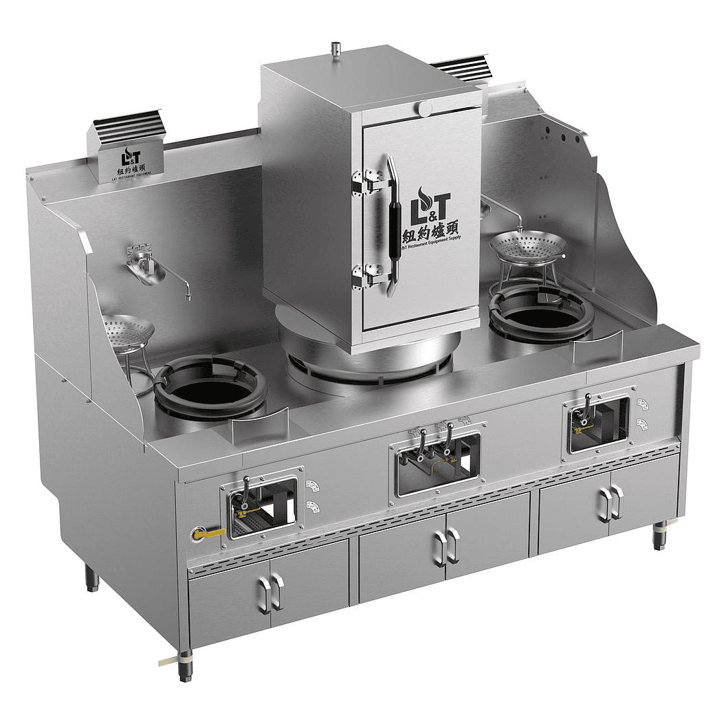 12"-22"-12" Panda steel bladder (with smoke vent) multi-functional standard cabinet-type stainless steel three-burner stove for steaming fish, double frying, soup and porridge