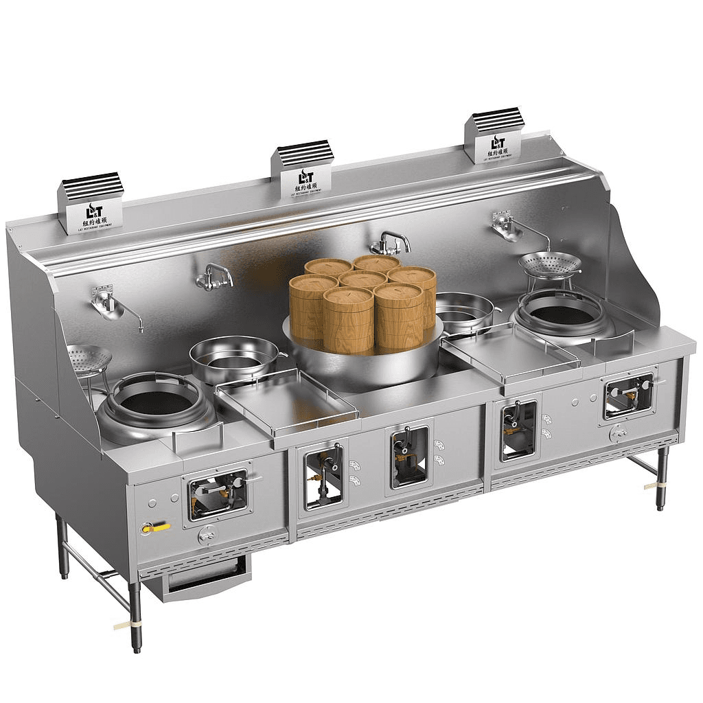 13"-13"-2 Panda curved steel bladder (with smoke vent), standard stainless steel double fried double tail, steamer buns, blower stove