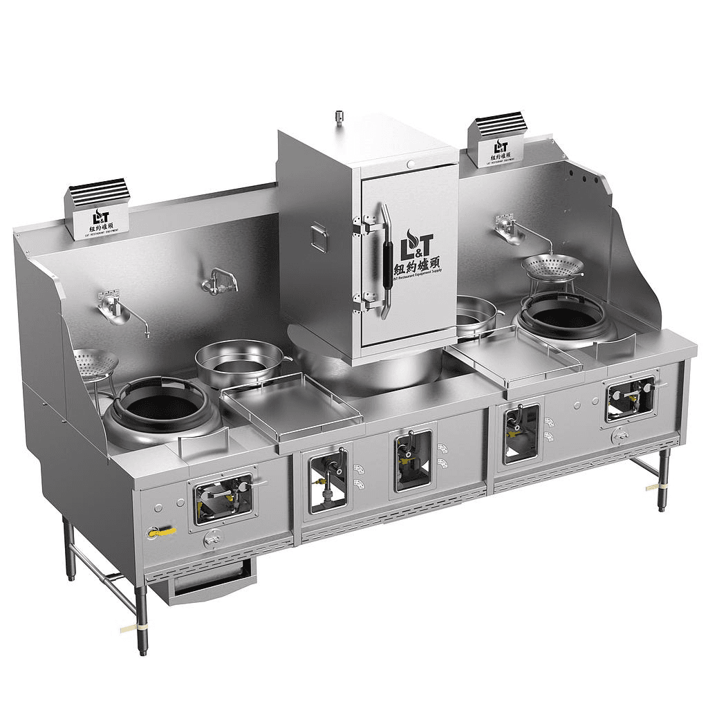 13"-13"-2 Panda curved steel bladder (with smoke vent), standard stainless steel double frying and double tail steaming cabinet, blower stove
