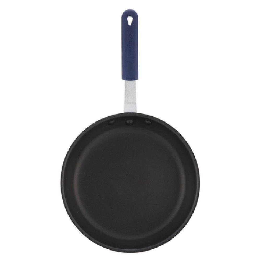 Winco AFP-7XC-H 7 Inch Fry Pan Round Riveted Handle Blue Silicone Sleeve Aluminum