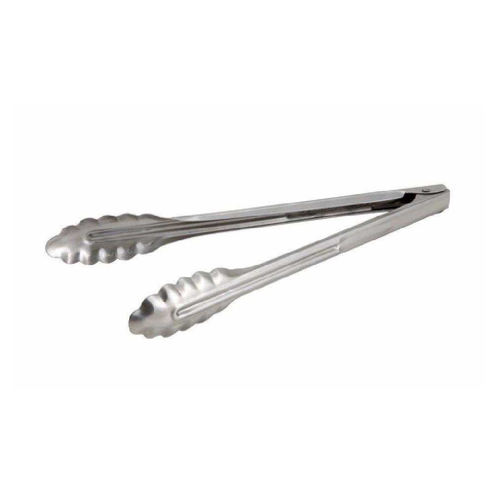Winco UT-12 12 Inch Utility Tongs Coiled Spring Heavy Weight Stainless Steel with Scalloped Edges