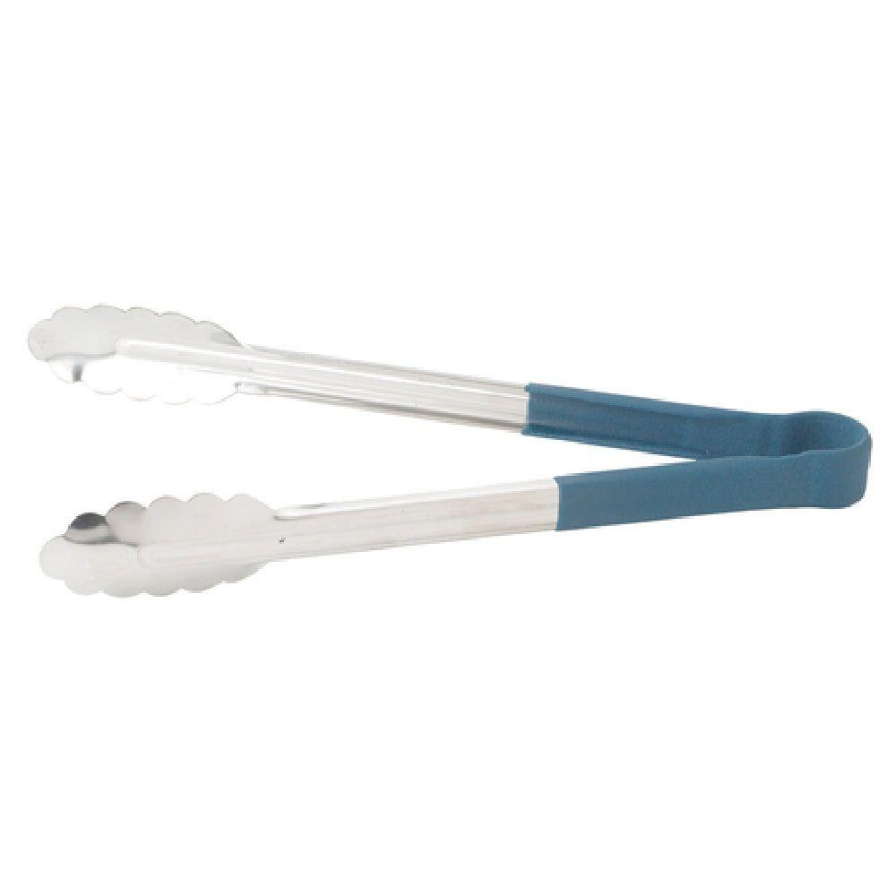 Winco UT-12HP-B 12 Inch Utility Tongs for Cold Food Service Stainless Steel Blue Handle