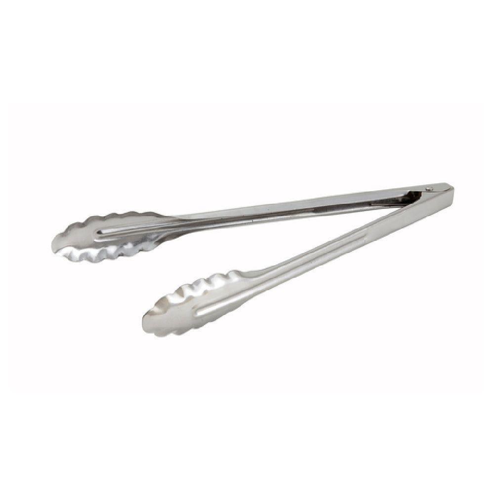 Winco UT-12LT 12 Inch Utility Tongs Coiled Spring Medium Weight Stainless Steel with Scalloped Edge