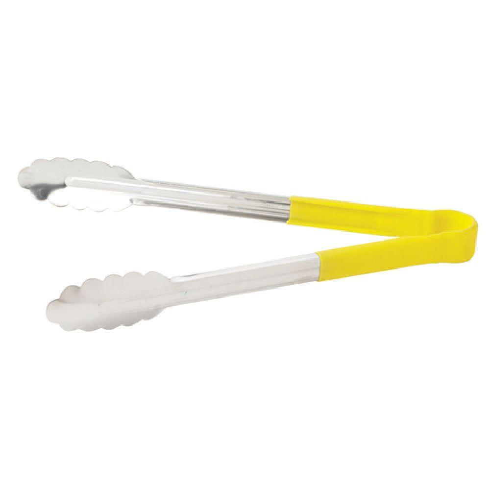 Winco UT-16HP-Y 16 Inch Utility Tongs for Cold Food Service with Scalloped Edge Yellow Plastic Handle Stainless Steel
