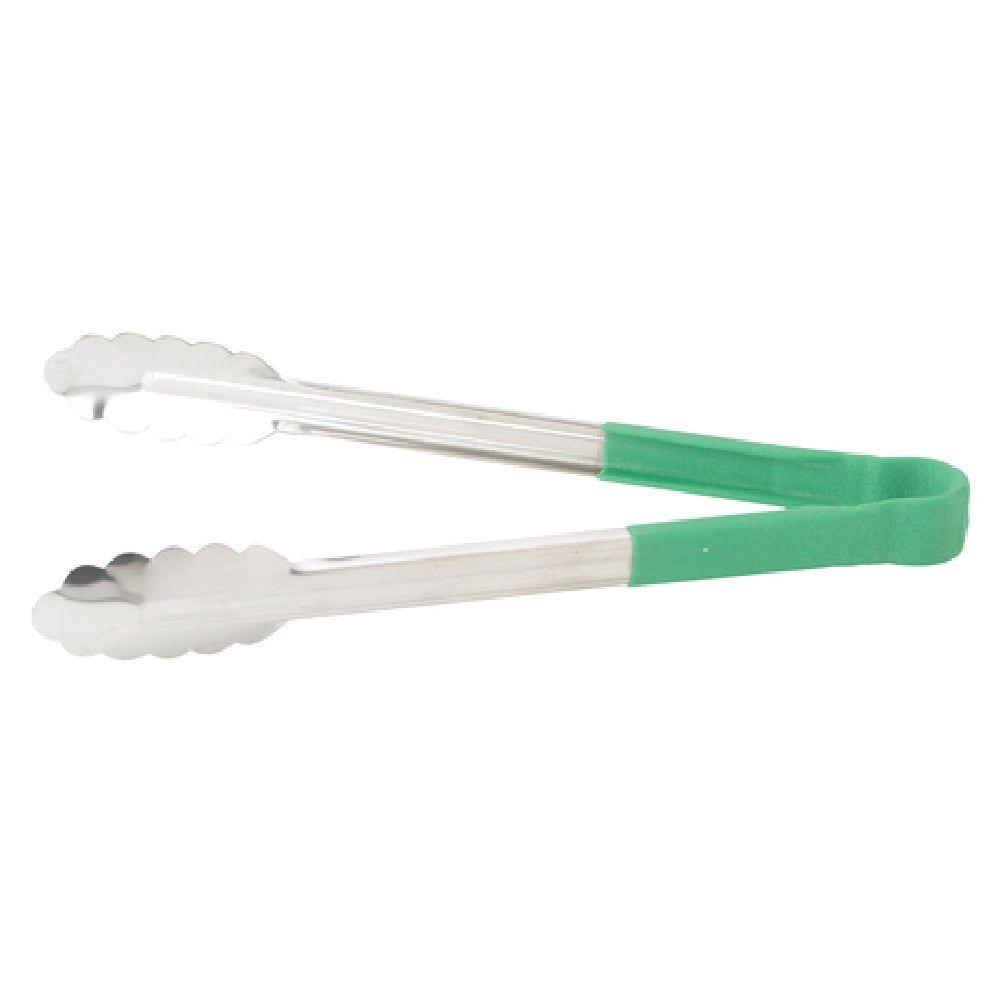 Winco UT-9HP-G 9 Inch Utility Tongs for Cold Food Service with Scalloped Edges and Heavy Duty Plastic Handle Green Stainless Steel
