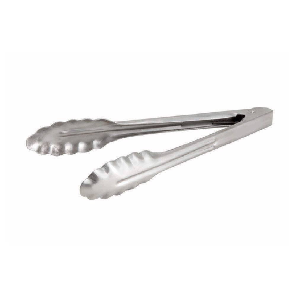 Winco UT-9HT 9 Inch Utility Tongs with Coiled Spring Scalloped Edge Stainless Steel