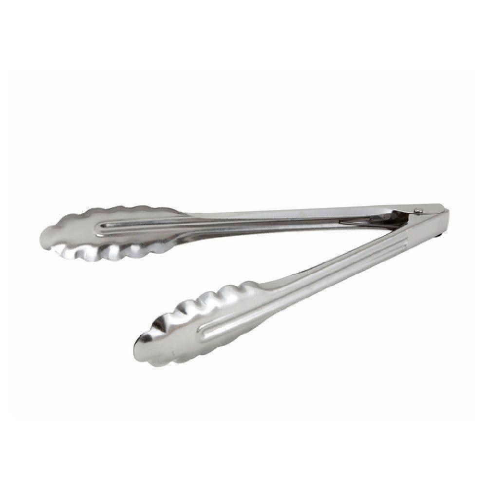 Winco UT-9LT 9 Inch Utility Tongs Coiled Spring Scalloped Edge Stainless Steel